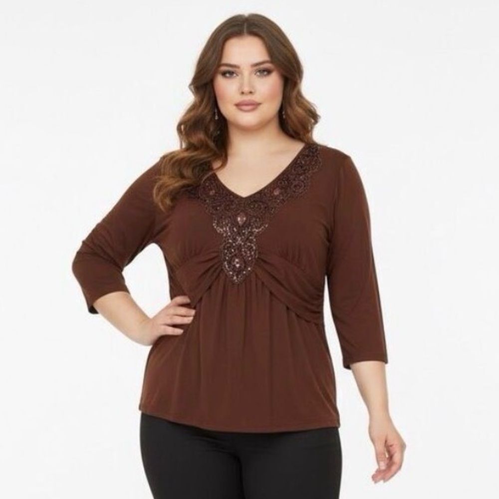 Chocolate, brown, sequin, three-quarter sleeve top